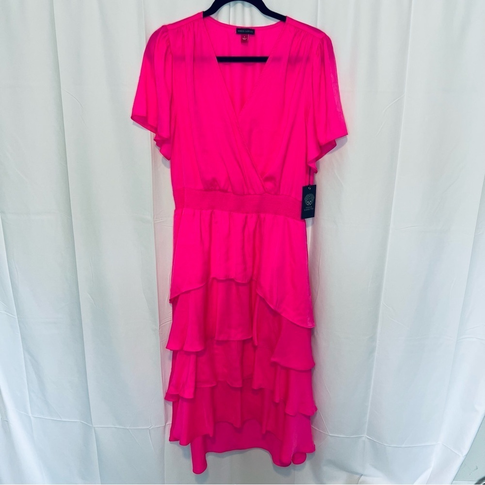 Vince Camuto Neon Highlighter Pink Tiered Midi Dress Flutter Sleeve L
